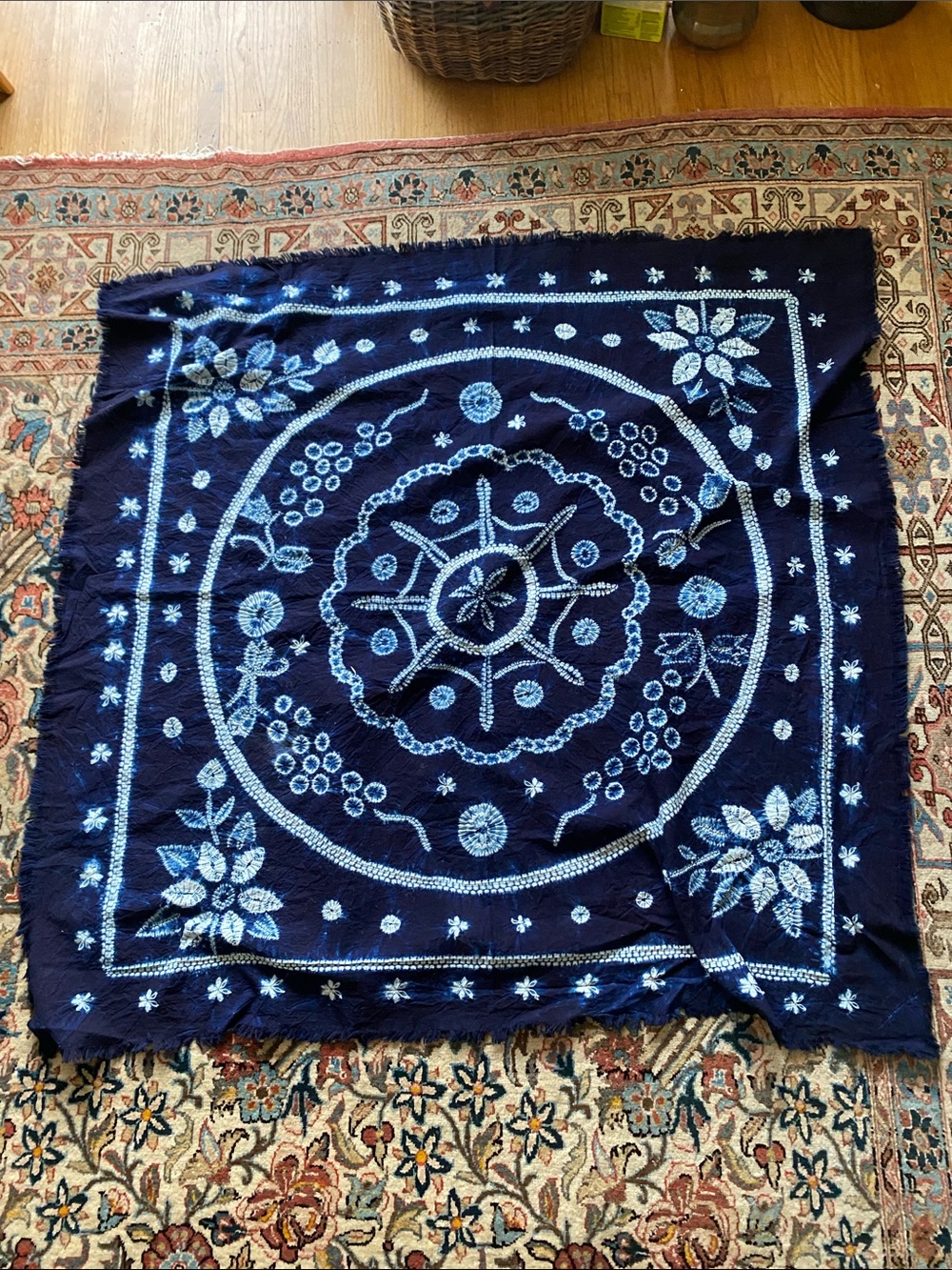 Hand-Dyed Indigo Floral Throw Tablecloth wall Hanging - Navy Blue Mandala